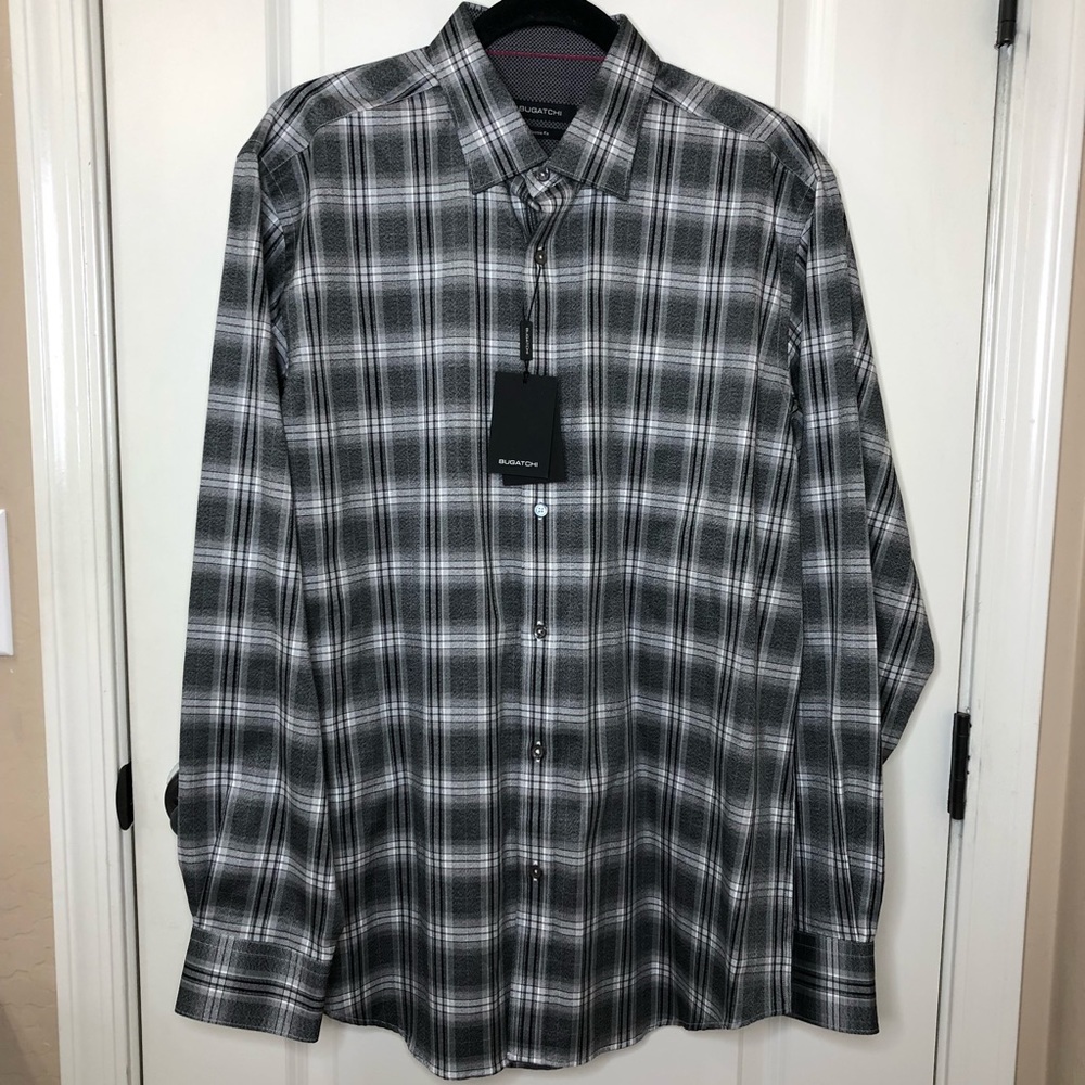 Bugatchi Grey Plaid Button Up Classic Fit